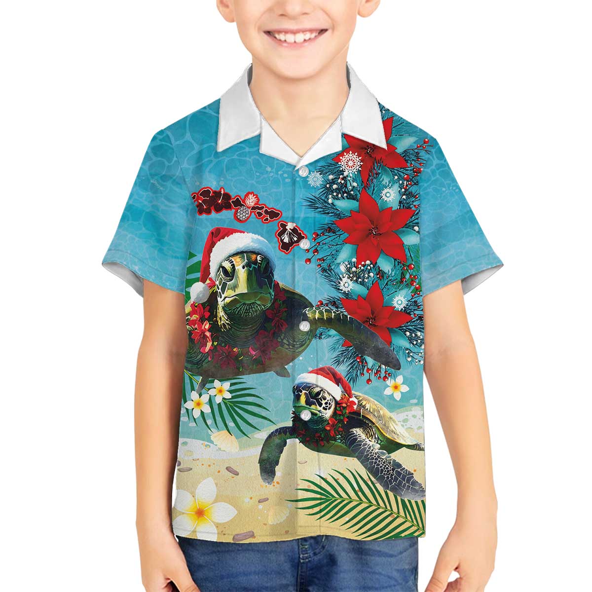 Hawaiian Mele Kalikimaka Family Matching Off The Shoulder Long Sleeve Dress and Hawaiian Shirt Tropical Xmas Turtles Red Poinsettia Watercolor - Polynesian Pride