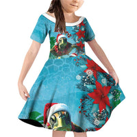 Hawaiian Mele Kalikimaka Family Matching Off Shoulder Short Dress and Hawaiian Shirt Tropical Xmas Turtles Red Poinsettia Watercolor - Polynesian Pride