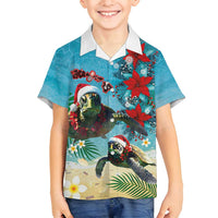 Hawaiian Mele Kalikimaka Family Matching Puletasi and Hawaiian Shirt Tropical Xmas Turtles Red Poinsettia Watercolor - Polynesian Pride