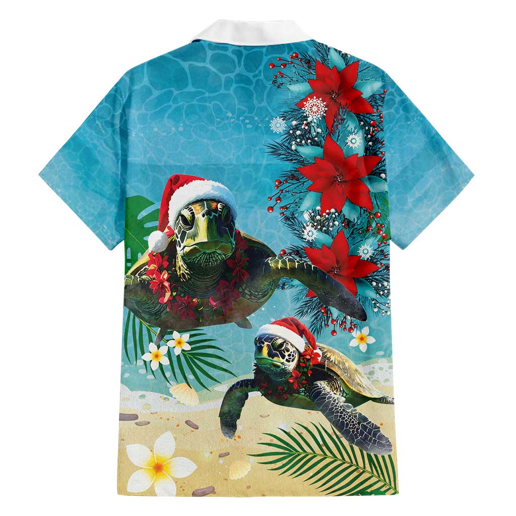 Hawaiian Mele Kalikimaka Family Matching Short Sleeve Bodycon Dress and Hawaiian Shirt Tropical Xmas Turtles Red Poinsettia Watercolor - Polynesian Pride