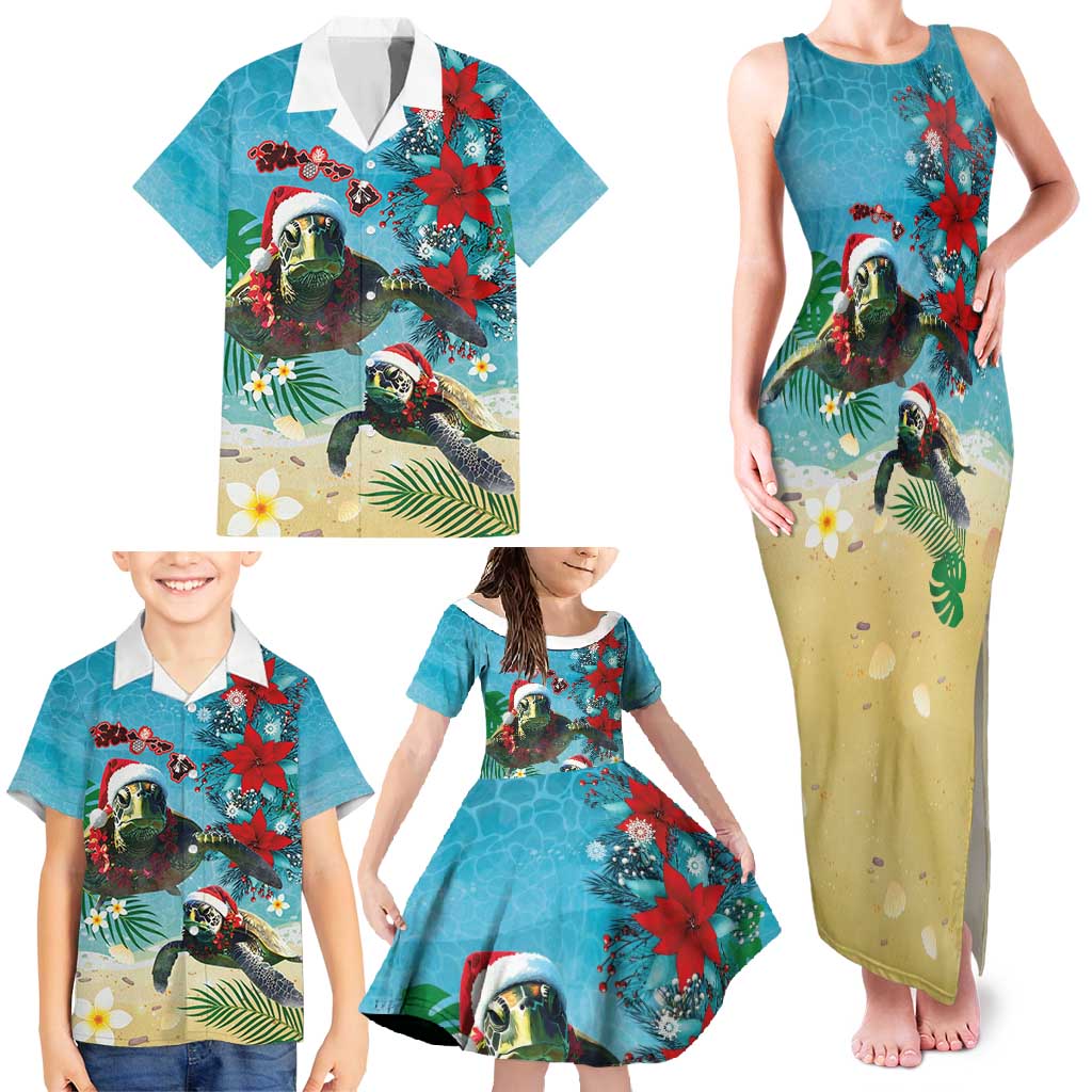 Hawaiian Mele Kalikimaka Family Matching Tank Maxi Dress and Hawaiian Shirt Tropical Xmas Turtles Red Poinsettia Watercolor - Polynesian Pride