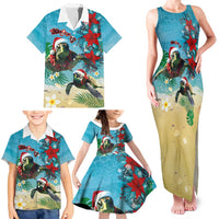 Hawaiian Mele Kalikimaka Family Matching Tank Maxi Dress and Hawaiian Shirt Tropical Xmas Turtles Red Poinsettia Watercolor - Polynesian Pride