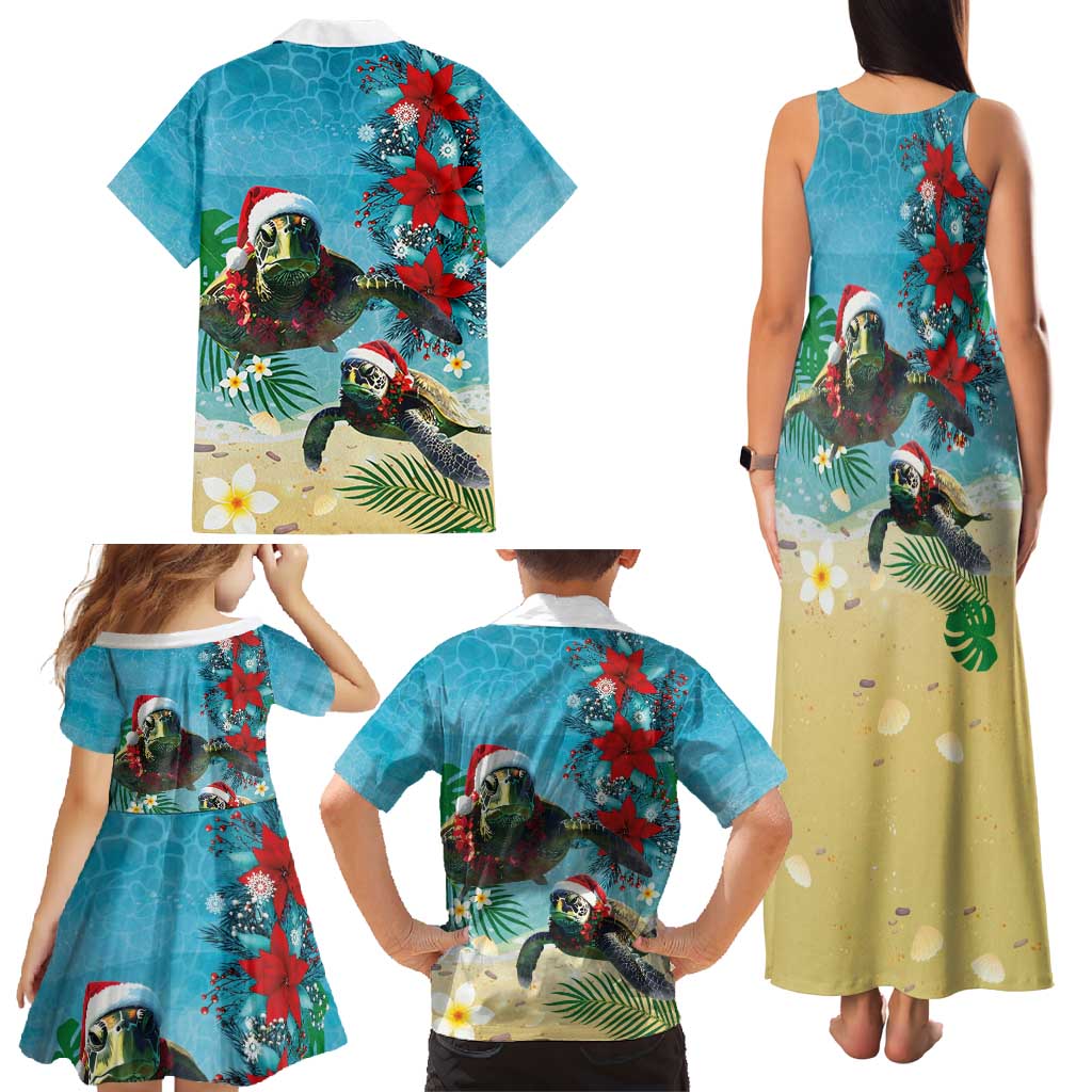 Hawaiian Mele Kalikimaka Family Matching Tank Maxi Dress and Hawaiian Shirt Tropical Xmas Turtles Red Poinsettia Watercolor - Polynesian Pride