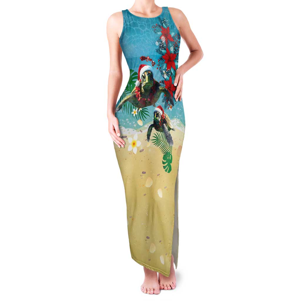 Hawaiian Mele Kalikimaka Family Matching Tank Maxi Dress and Hawaiian Shirt Tropical Xmas Turtles Red Poinsettia Watercolor - Polynesian Pride