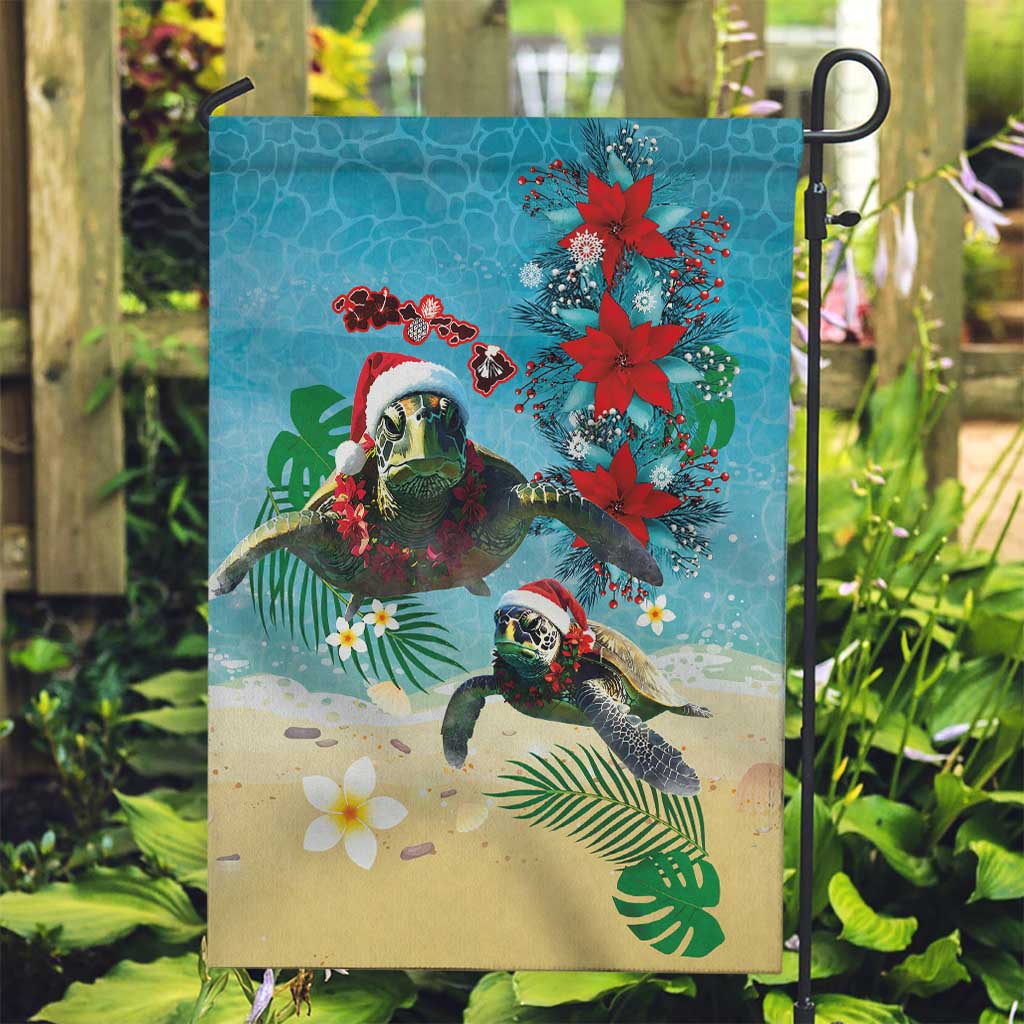 Hawaiian Mele Kalikimaka Garden Flag Tropical Xmas Turtles Red Poinsettia Watercolor - Polynesian Pride