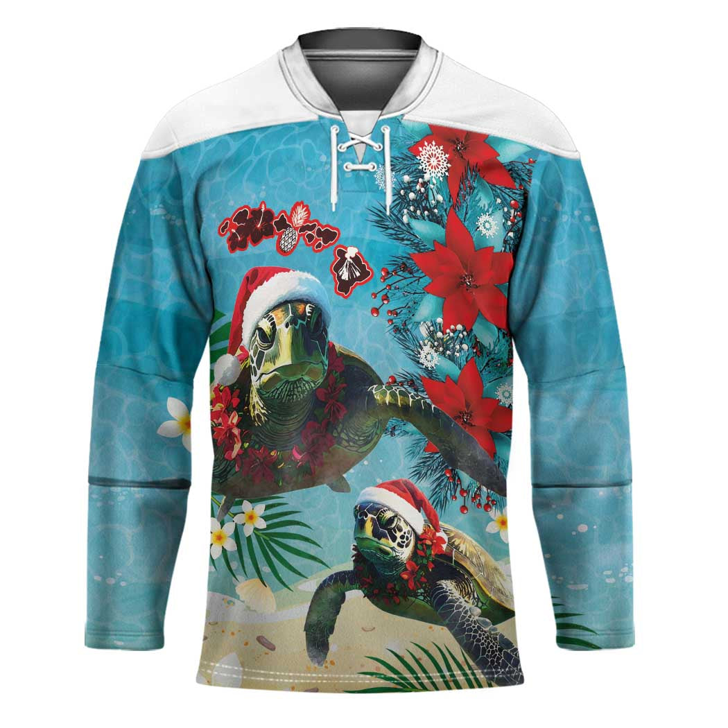 Hawaiian Mele Kalikimaka Hockey Jersey Tropical Xmas Turtles Red Poinsettia Watercolor - Polynesian Pride