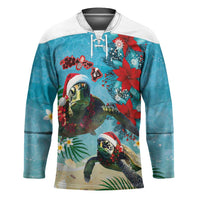 Hawaiian Mele Kalikimaka Hockey Jersey Tropical Xmas Turtles Red Poinsettia Watercolor - Polynesian Pride