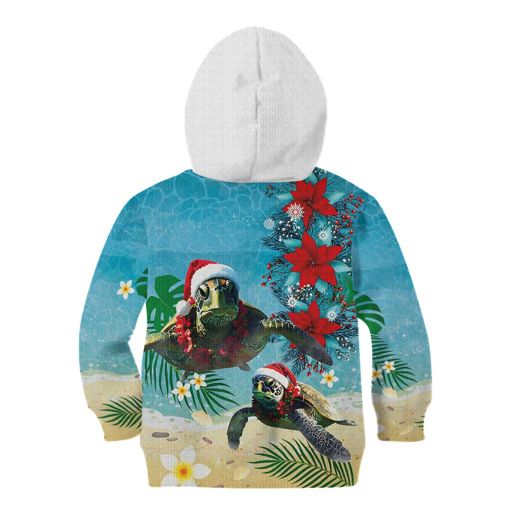 Hawaiian Mele Kalikimaka Kid Hoodie Tropical Xmas Turtles Red Poinsettia Watercolor - Polynesian Pride