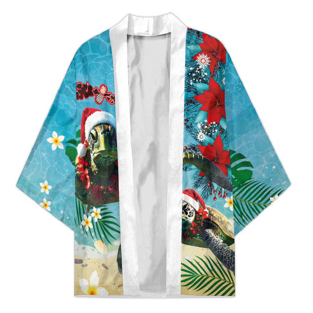 Hawaiian Mele Kalikimaka Kimono Tropical Xmas Turtles Red Poinsettia Watercolor - Polynesian Pride