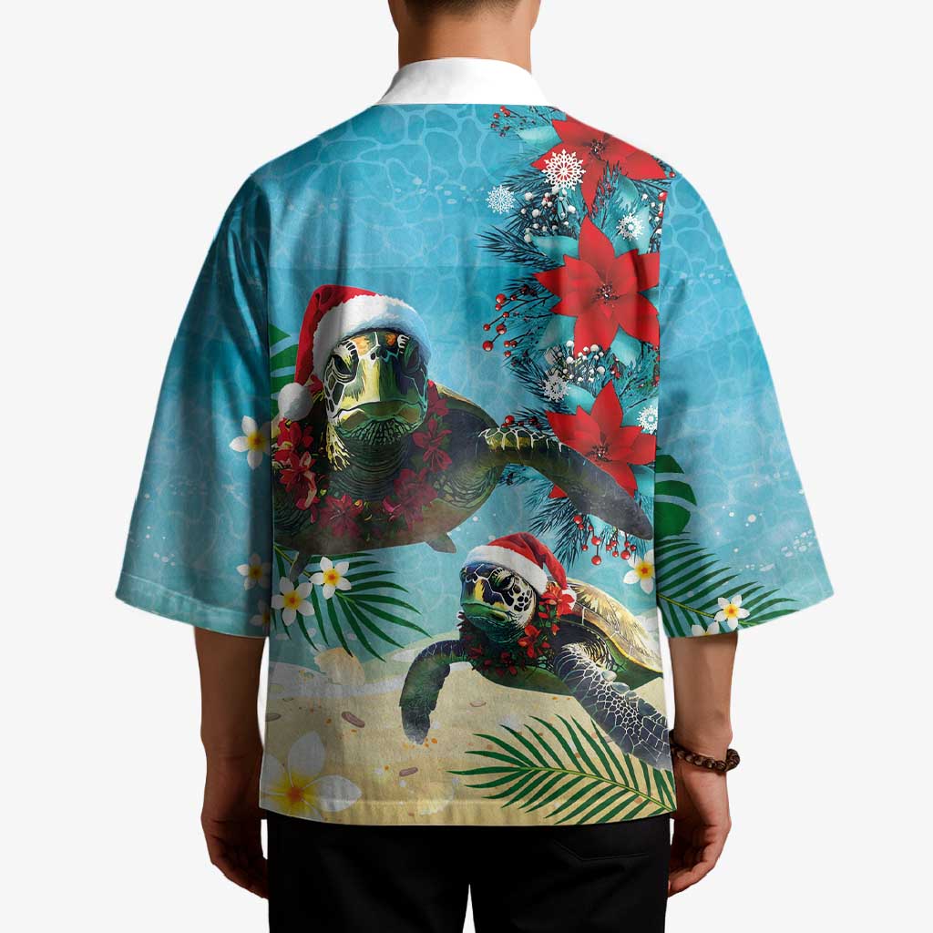 Hawaiian Mele Kalikimaka Kimono Tropical Xmas Turtles Red Poinsettia Watercolor - Polynesian Pride
