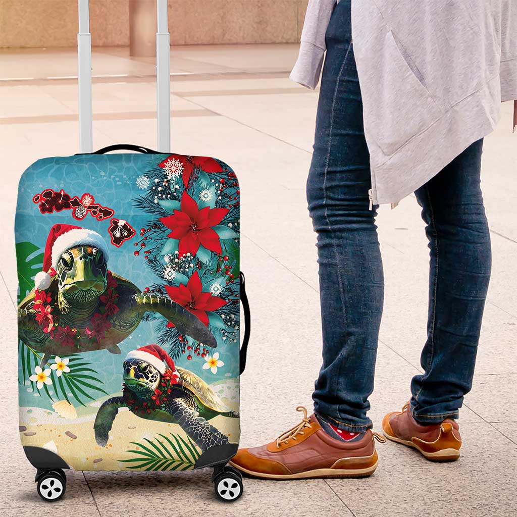 Hawaiian Mele Kalikimaka Luggage Cover Tropical Xmas Turtles Red Poinsettia Watercolor - Polynesian Pride