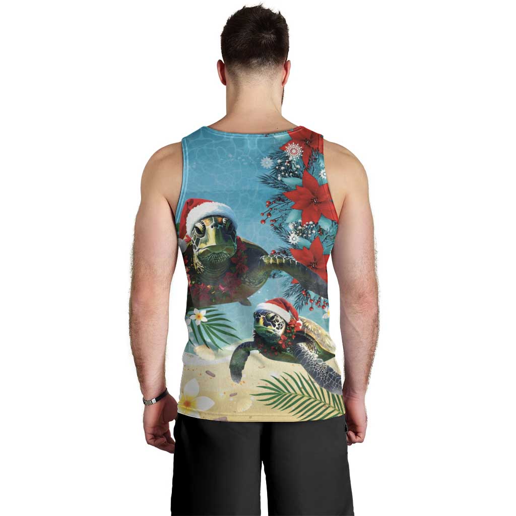 Hawaiian Mele Kalikimaka Men Tank Top Tropical Xmas Turtles Red Poinsettia Watercolor - Polynesian Pride