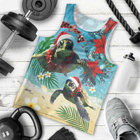 Hawaiian Mele Kalikimaka Men Tank Top Tropical Xmas Turtles Red Poinsettia Watercolor - Polynesian Pride