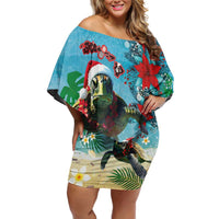 Hawaiian Mele Kalikimaka Off Shoulder Short Dress Tropical Xmas Turtles Red Poinsettia Watercolor - Polynesian Pride