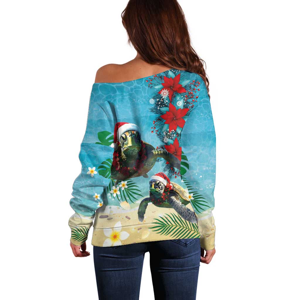 Hawaiian Mele Kalikimaka Off Shoulder Sweater Tropical Xmas Turtles Red Poinsettia Watercolor - Polynesian Pride