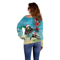 Hawaiian Mele Kalikimaka Off Shoulder Sweater Tropical Xmas Turtles Red Poinsettia Watercolor - Polynesian Pride
