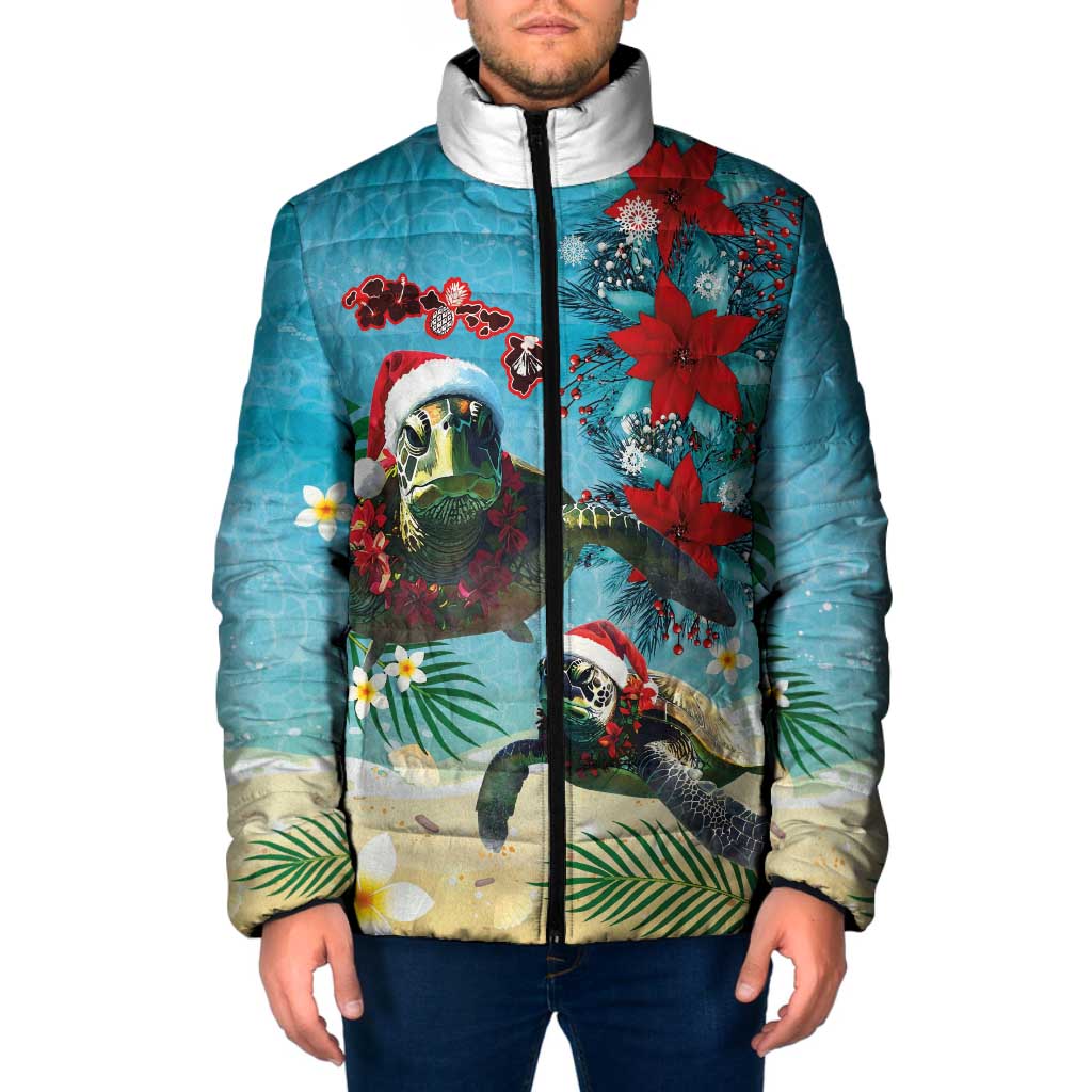 Hawaiian Mele Kalikimaka Padded Jacket Tropical Xmas Turtles Red Poinsettia Watercolor - Polynesian Pride