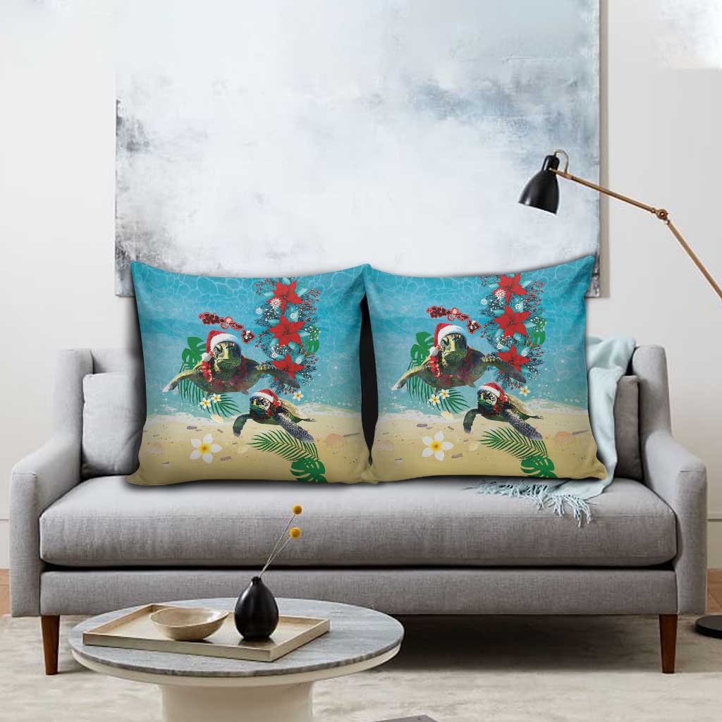 Hawaiian Mele Kalikimaka Pillow Cover Tropical Xmas Turtles Red Poinsettia Watercolor - Polynesian Pride