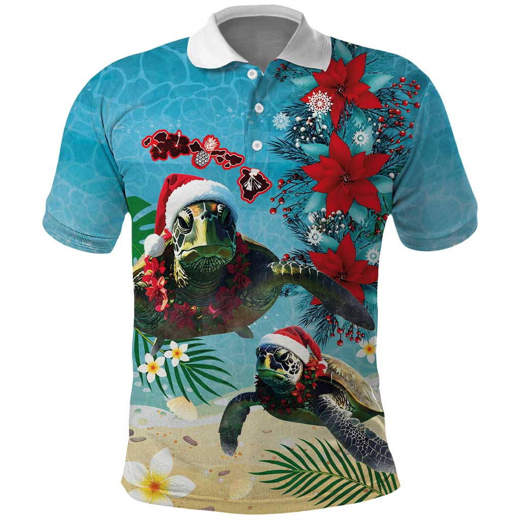 Hawaiian Mele Kalikimaka Polo Shirt Tropical Xmas Turtles Red Poinsettia Watercolor - Polynesian Pride