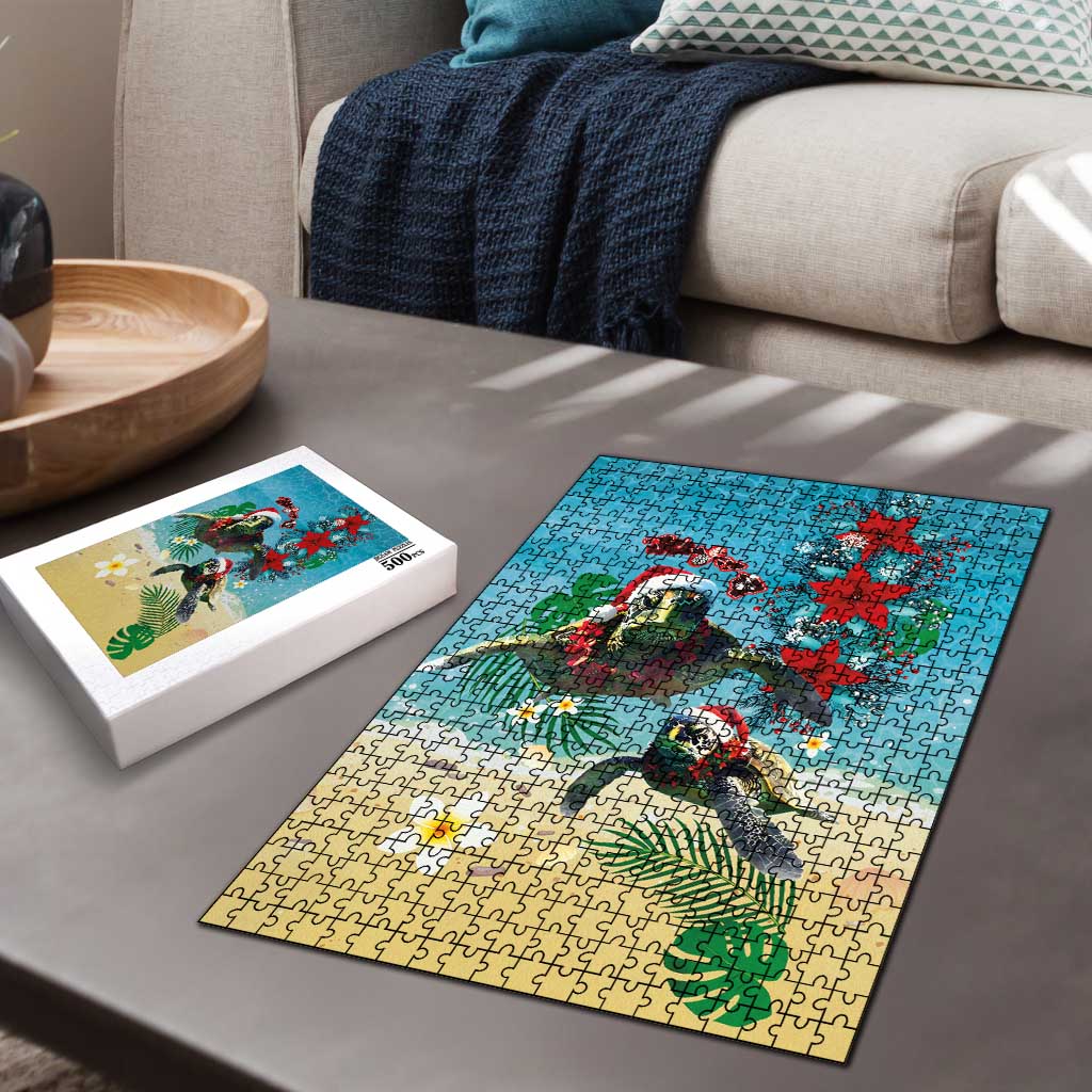 Hawaiian Mele Kalikimaka Puzzle Tropical Xmas Turtles Red Poinsettia Watercolor - Polynesian Pride