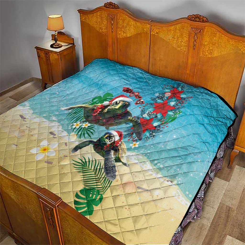 Hawaiian Mele Kalikimaka Quilt Tropical Xmas Turtles Red Poinsettia Watercolor - Polynesian Pride