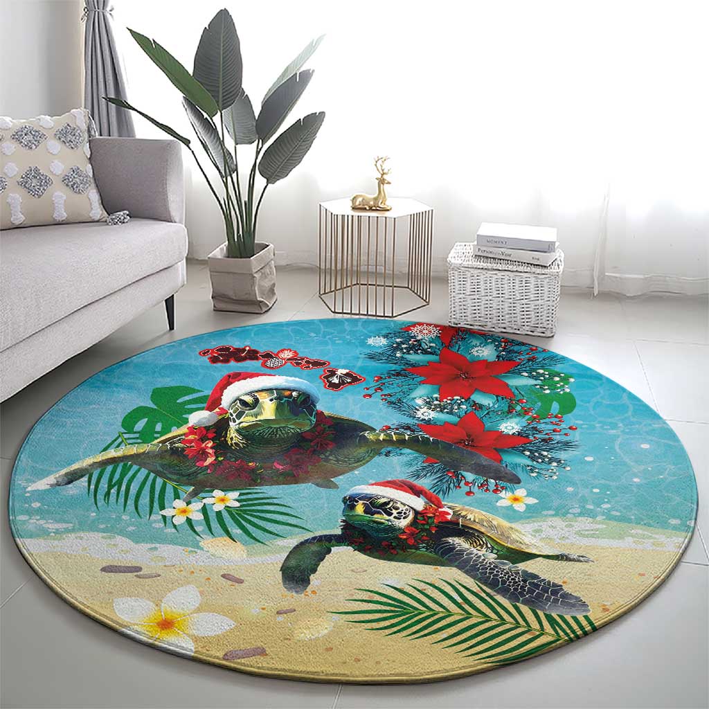 Hawaiian Mele Kalikimaka Round Carpet Tropical Xmas Turtles Red Poinsettia Watercolor - Polynesian Pride