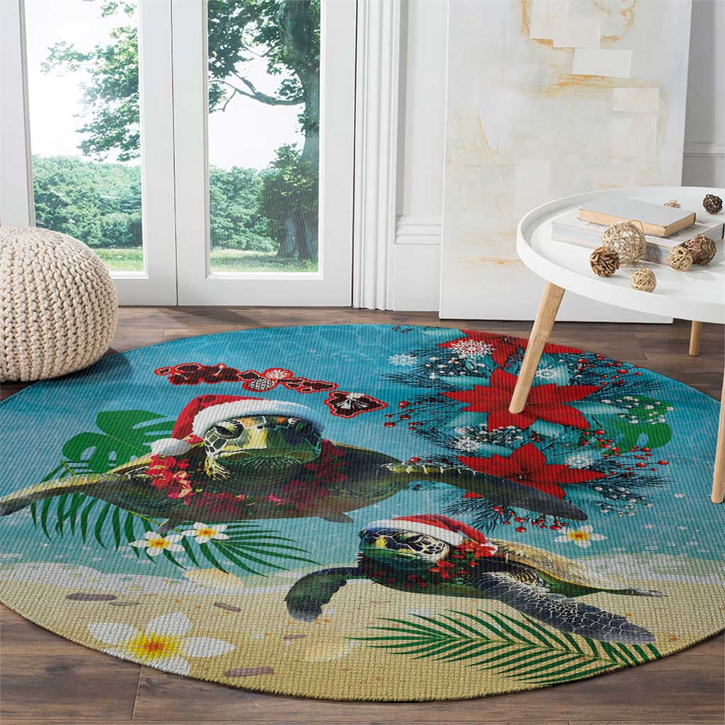 Hawaiian Mele Kalikimaka Round Carpet Tropical Xmas Turtles Red Poinsettia Watercolor - Polynesian Pride