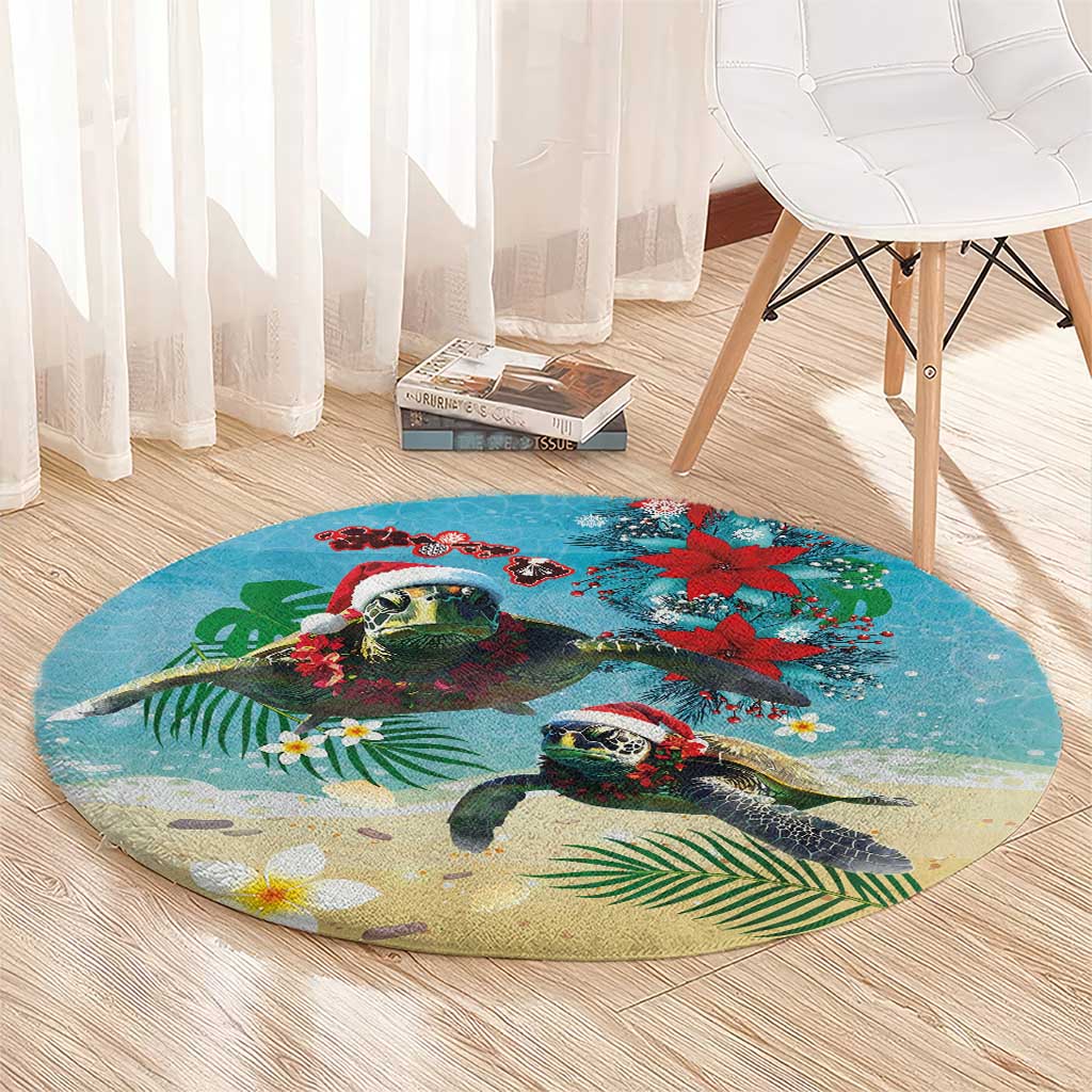 Hawaiian Mele Kalikimaka Round Carpet Tropical Xmas Turtles Red Poinsettia Watercolor - Polynesian Pride