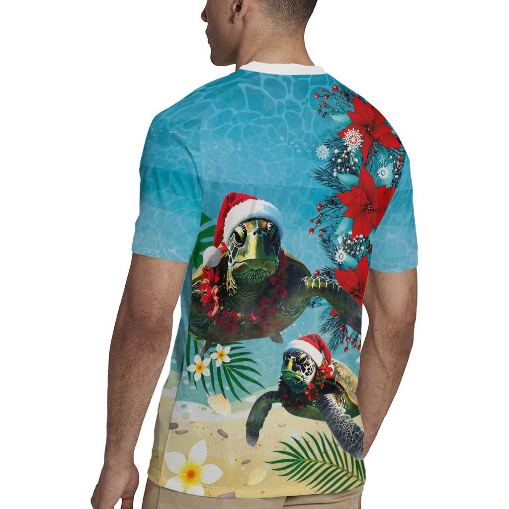 Hawaiian Mele Kalikimaka Rugby Jersey Tropical Xmas Turtles Red Poinsettia Watercolor - Polynesian Pride
