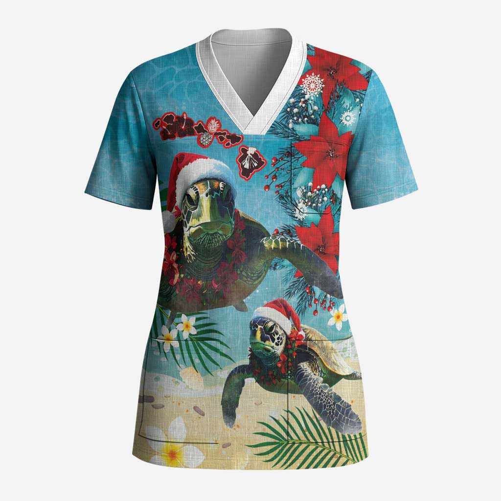 Hawaiian Mele Kalikimaka Scrub Top Tropical Xmas Turtles Red Poinsettia Watercolor - Polynesian Pride