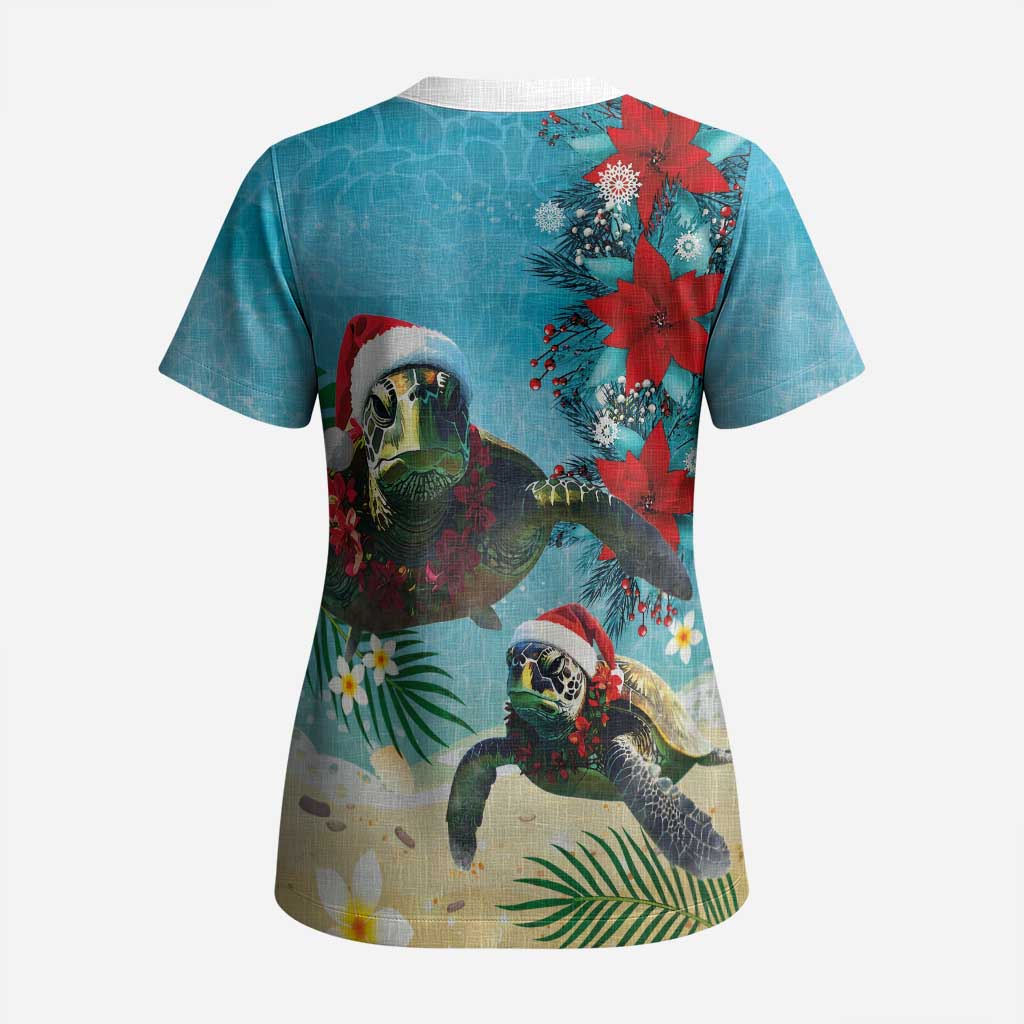 Hawaiian Mele Kalikimaka Scrub Top Tropical Xmas Turtles Red Poinsettia Watercolor - Polynesian Pride