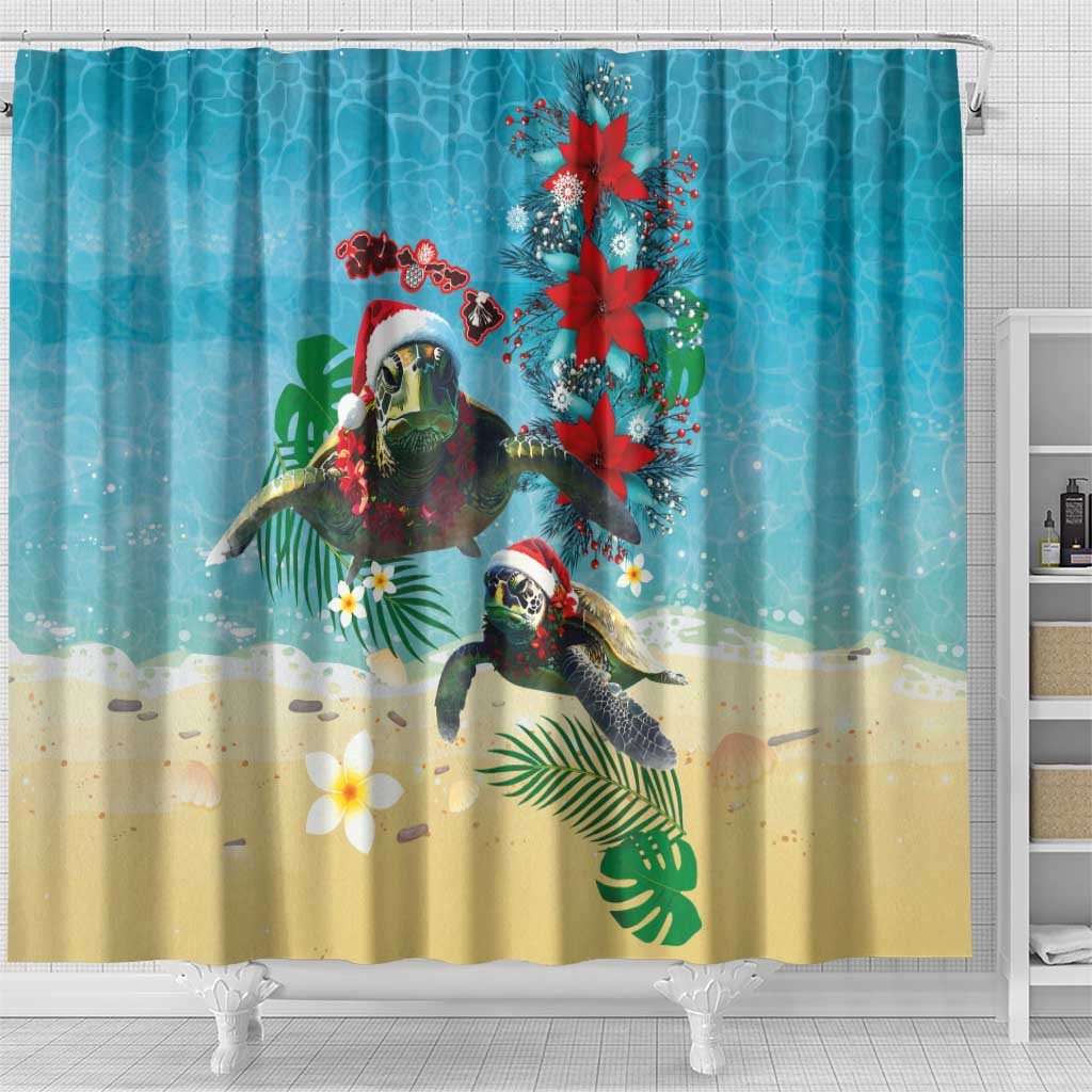 Hawaiian Mele Kalikimaka Shower Curtain Tropical Xmas Turtles Red Poinsettia Watercolor - Polynesian Pride