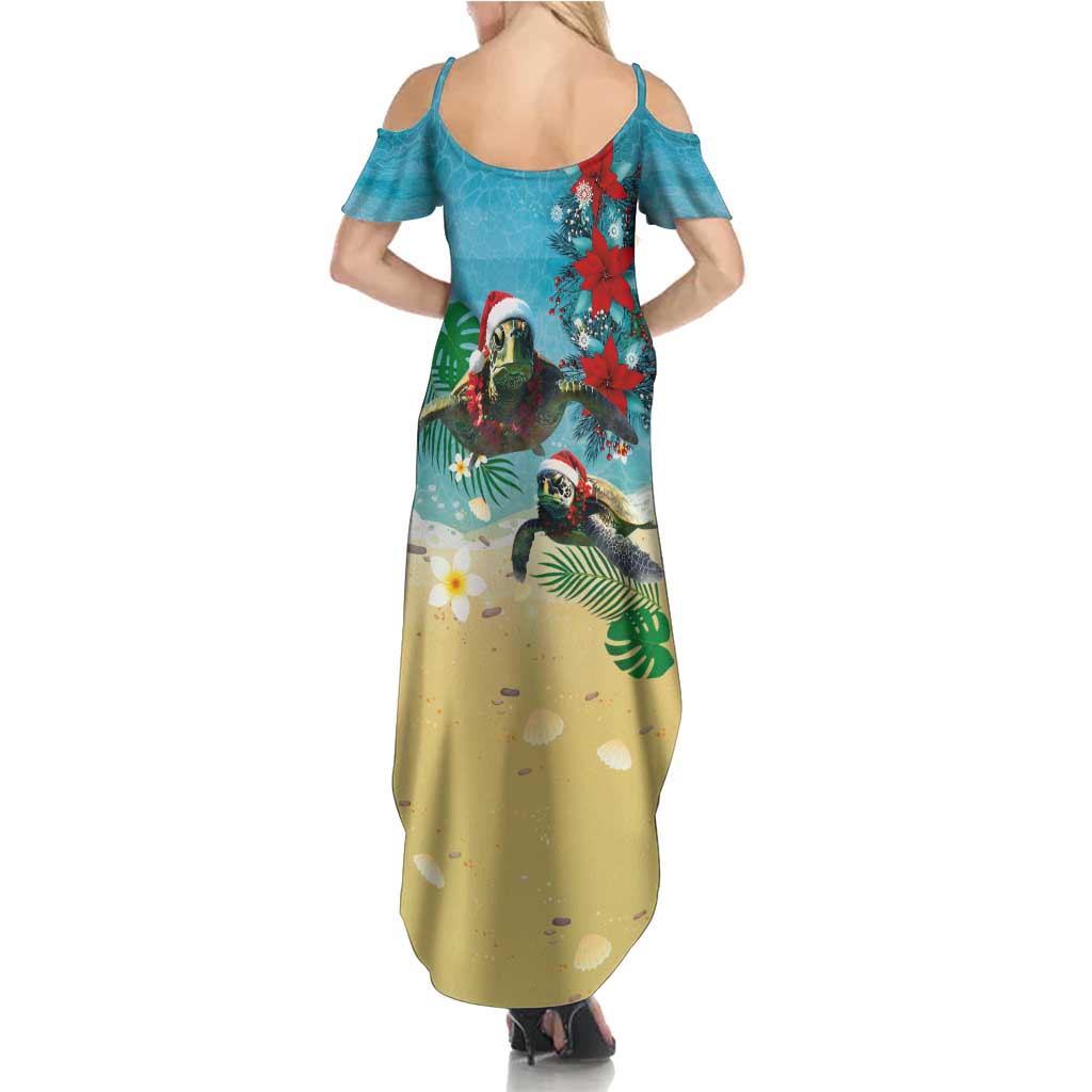 Hawaiian Mele Kalikimaka Summer Maxi Dress Tropical Xmas Turtles Red Poinsettia Watercolor - Polynesian Pride