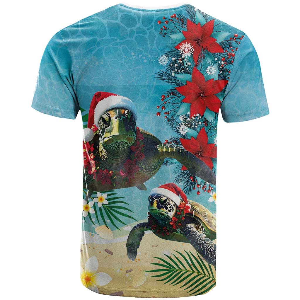 Hawaiian Mele Kalikimaka T Shirt Tropical Xmas Turtles Red Poinsettia Watercolor - Polynesian Pride