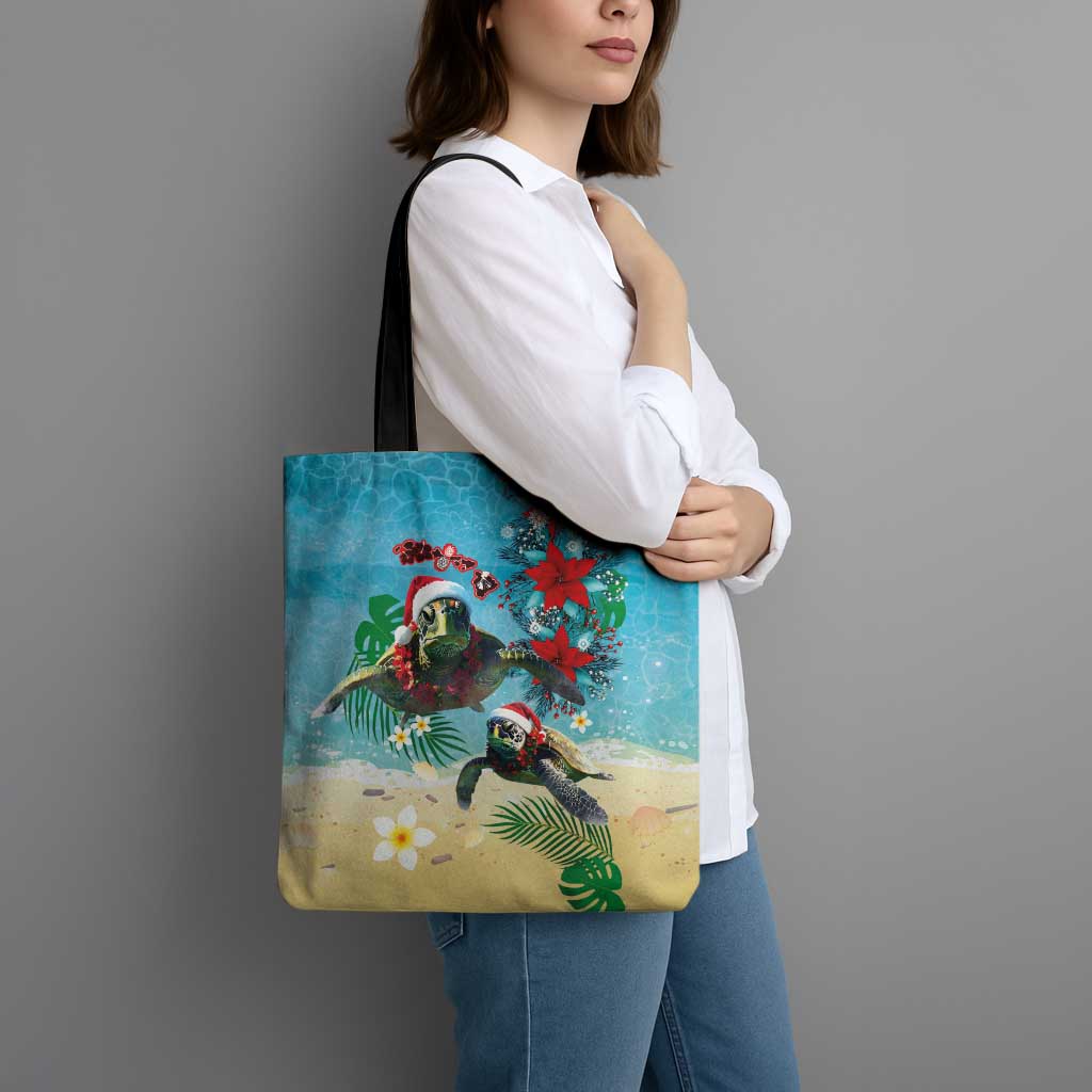 Hawaiian Mele Kalikimaka Tote Bag Tropical Xmas Turtles Red Poinsettia Watercolor - Polynesian Pride