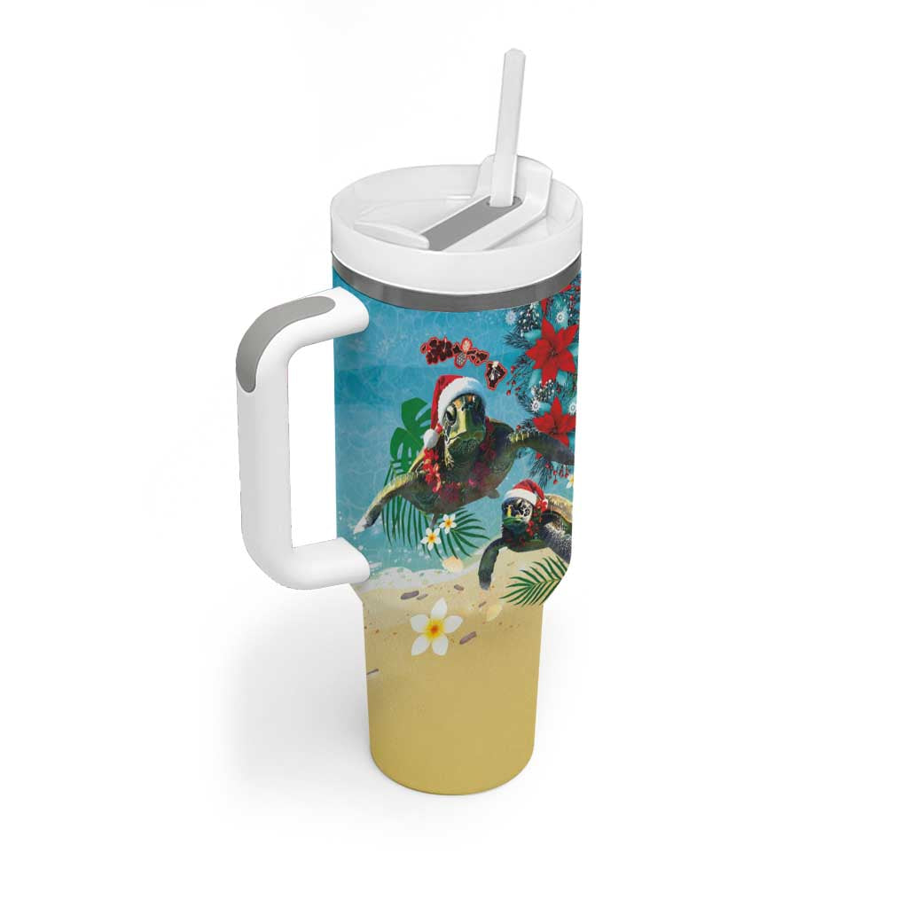 Hawaiian Mele Kalikimaka Tumbler With Handle Tropical Xmas Turtles Red Poinsettia Watercolor - Polynesian Pride