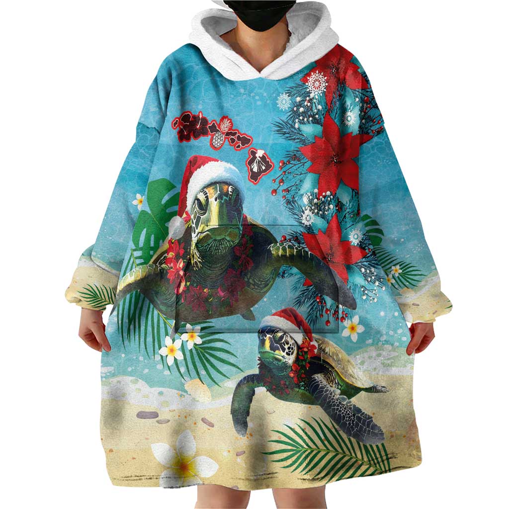 Hawaiian Mele Kalikimaka Wearable Blanket Hoodie Tropical Xmas Turtles Red Poinsettia Watercolor - Polynesian Pride
