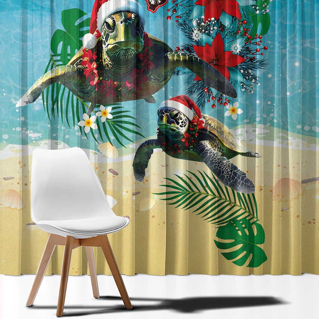 Hawaiian Mele Kalikimaka Window Curtain Tropical Xmas Turtles Red Poinsettia Watercolor - Polynesian Pride