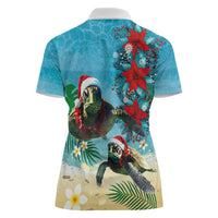 Hawaiian Mele Kalikimaka Women Polo Shirt Tropical Xmas Turtles Red Poinsettia Watercolor - Polynesian Pride
