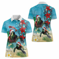 Hawaiian Mele Kalikimaka Women Polo Shirt Tropical Xmas Turtles Red Poinsettia Watercolor - Polynesian Pride