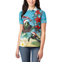 Hawaiian Mele Kalikimaka Women Polo Shirt Tropical Xmas Turtles Red Poinsettia Watercolor - Polynesian Pride