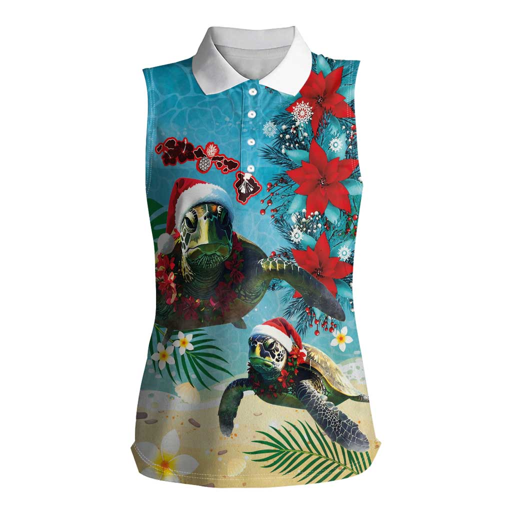Hawaiian Mele Kalikimaka Women Sleeveless Polo Shirt Tropical Xmas Turtles Red Poinsettia Watercolor - Polynesian Pride