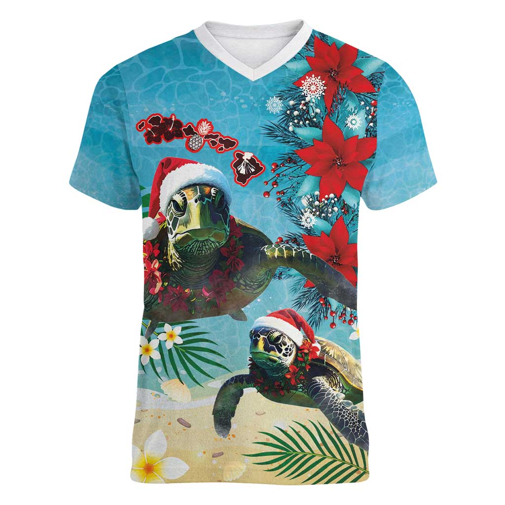 Hawaiian Mele Kalikimaka Women V-Neck T-Shirt Tropical Xmas Turtles Red Poinsettia Watercolor - Polynesian Pride