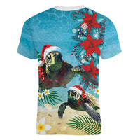 Hawaiian Mele Kalikimaka Women V-Neck T-Shirt Tropical Xmas Turtles Red Poinsettia Watercolor - Polynesian Pride