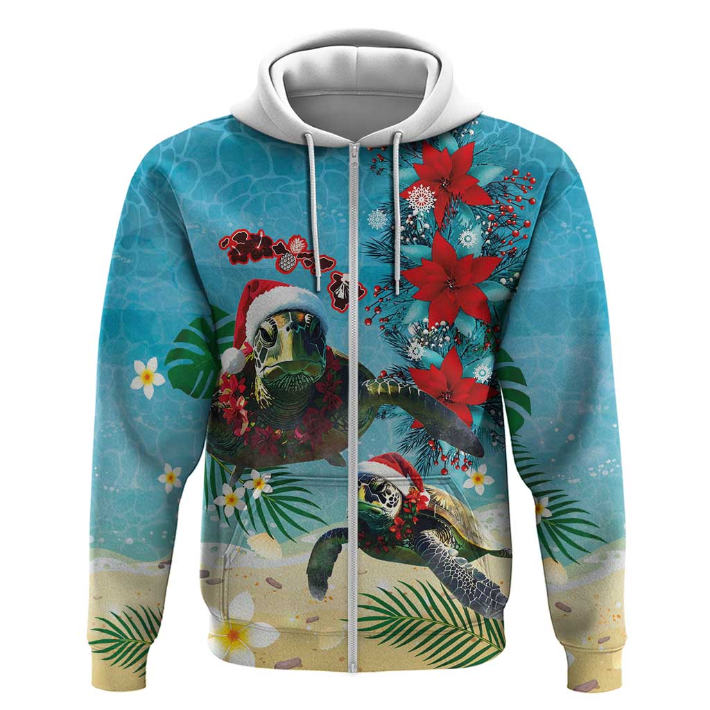 Hawaiian Mele Kalikimaka Zip Hoodie Tropical Xmas Turtles Red Poinsettia Watercolor - Polynesian Pride