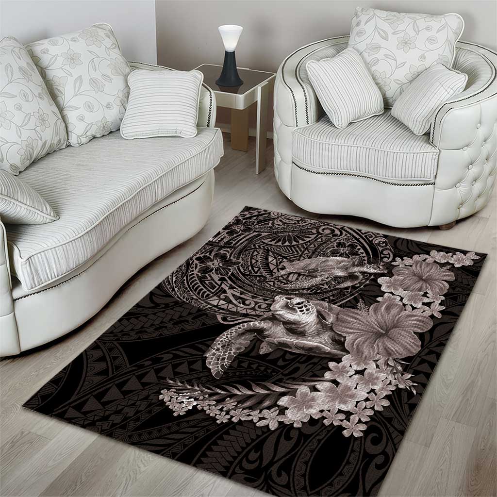 Hawaiian Plumeria and Hibiscus with Turtles Area Rug Polynesian Art Grayscale - Polynesian Pride