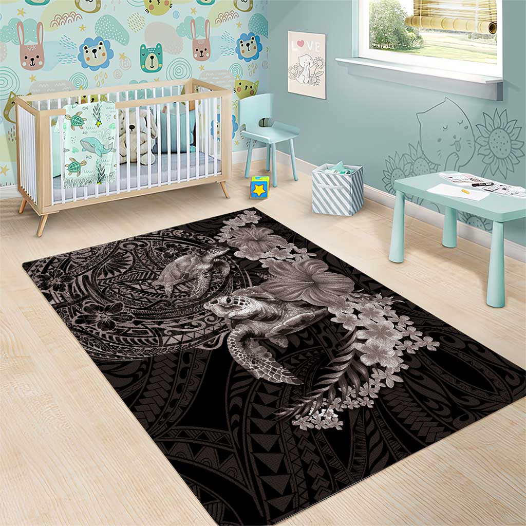 Hawaiian Plumeria and Hibiscus with Turtles Area Rug Polynesian Art Grayscale - Polynesian Pride