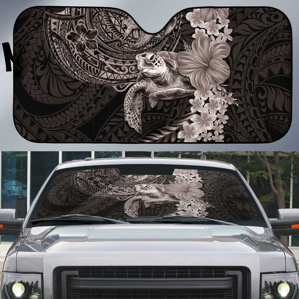Hawaiian Plumeria and Hibiscus with Turtles Auto Sun Shade Polynesian Art Grayscale - Polynesian Pride