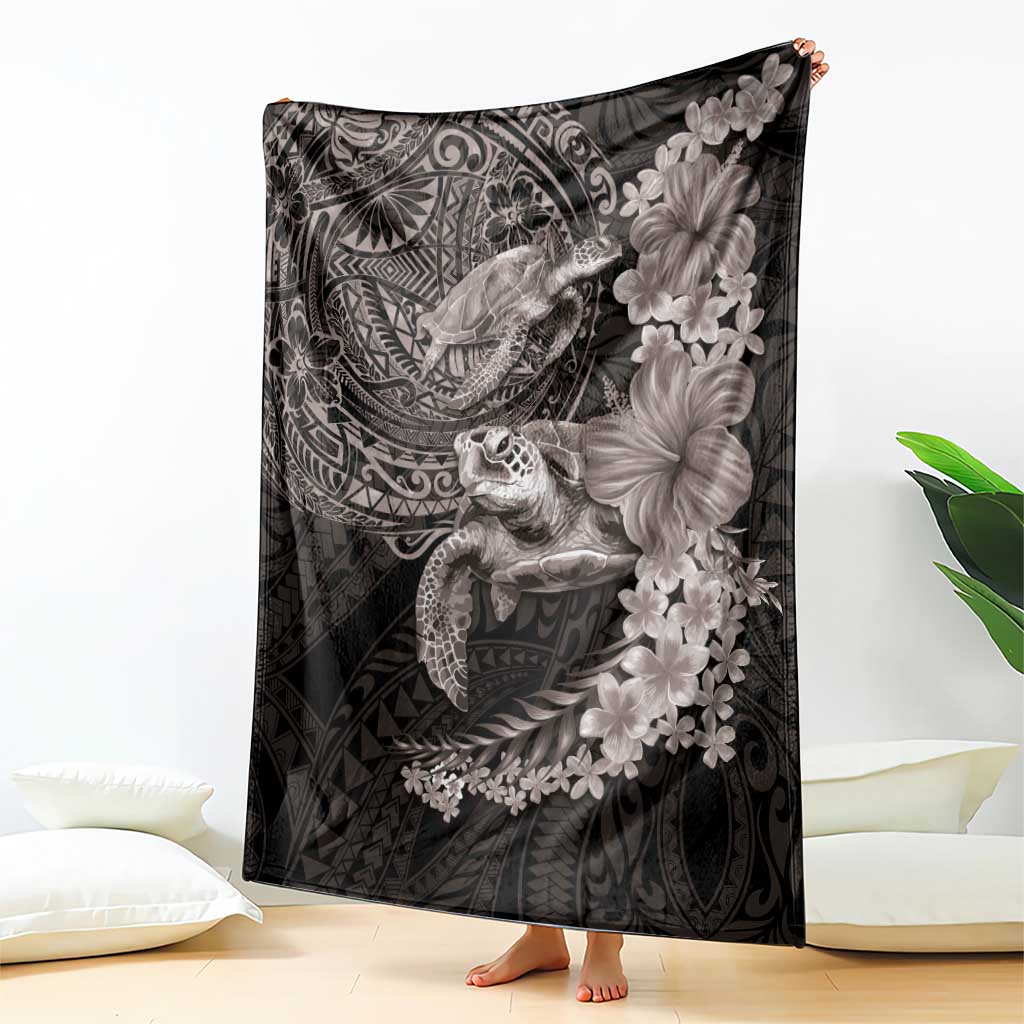 Hawaiian Plumeria and Hibiscus with Turtles Blanket Polynesian Art Grayscale - Polynesian Pride