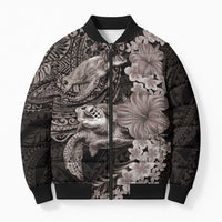 Hawaiian Plumeria and Hibiscus with Turtles Bomber Puffer Jacket Polynesian Art Grayscale - Polynesian Pride